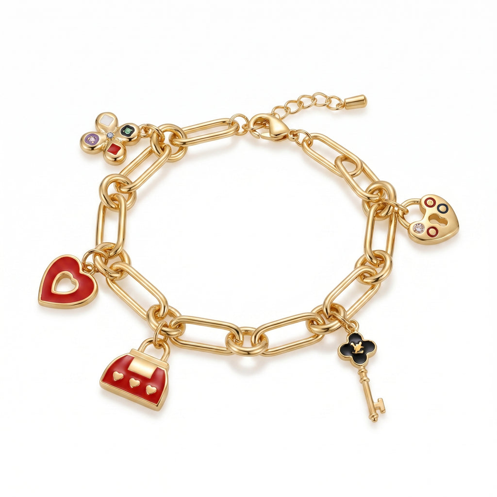 Gold Charm Bracelet – Enamel Heart Lock & Key Fashion Bracelet