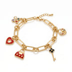 Gold Charm Bracelet – Enamel Heart Lock & Key Fashion Bracelet