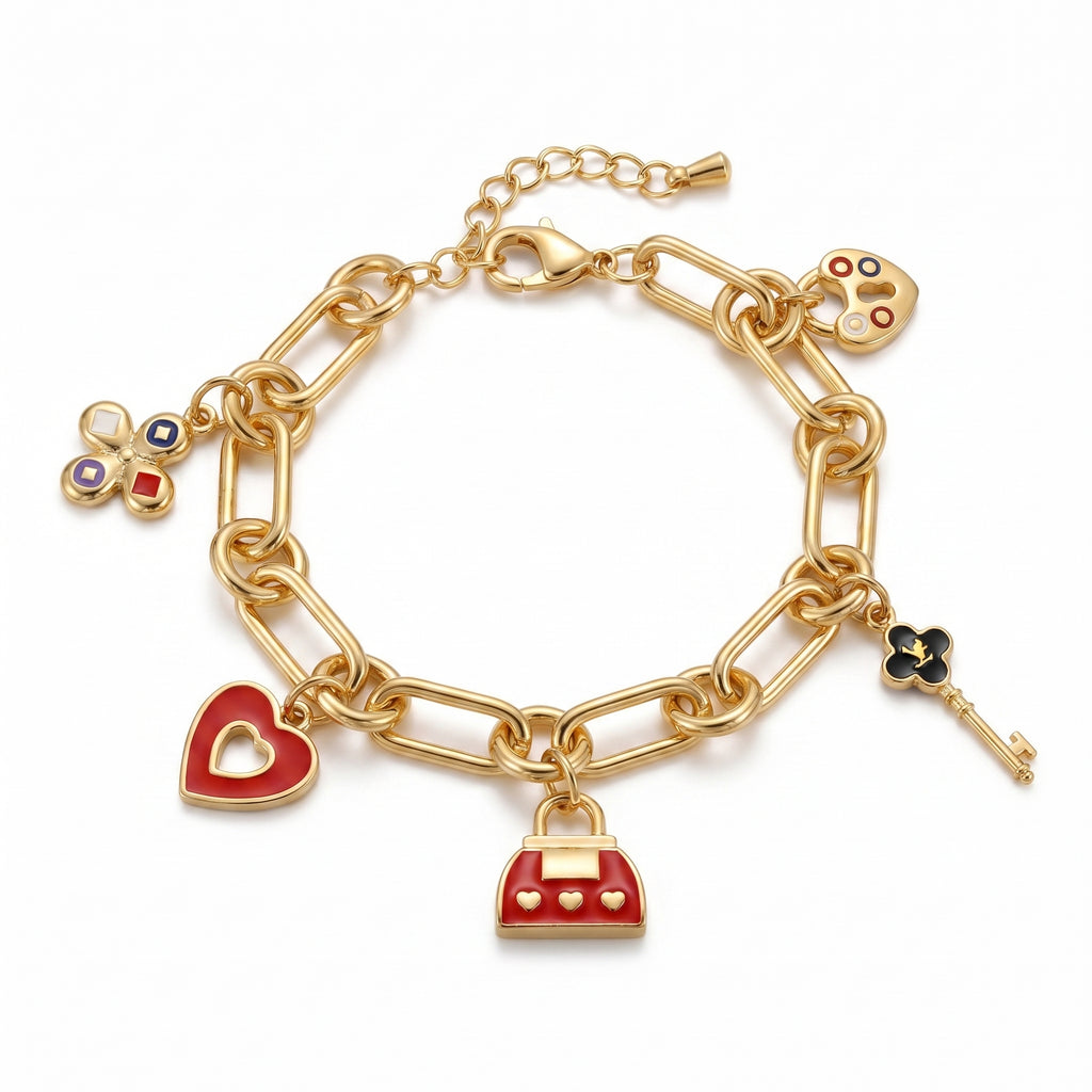 Gold Charm Bracelet – Enamel Heart Lock & Key Fashion Bracelet