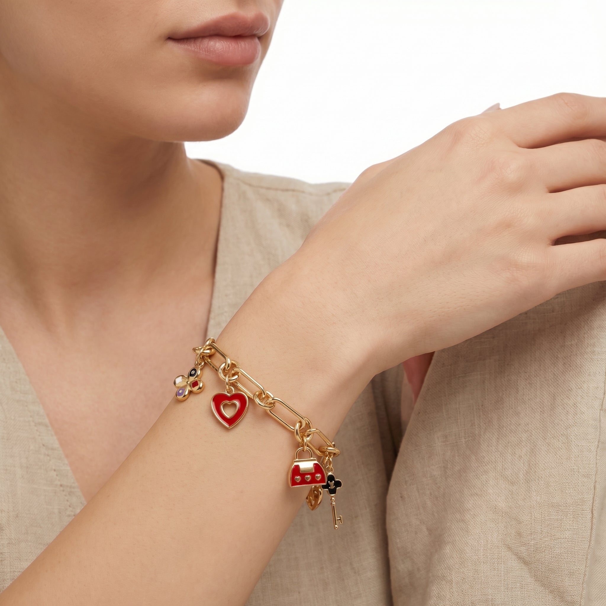 Gold Charm Bracelet – Enamel Heart Lock & Key Fashion Bracelet