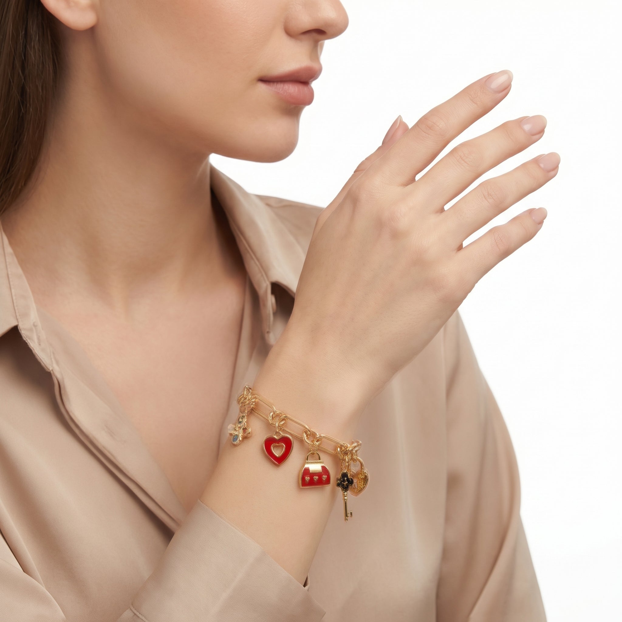 Gold Charm Bracelet – Enamel Heart Lock & Key Fashion Bracelet