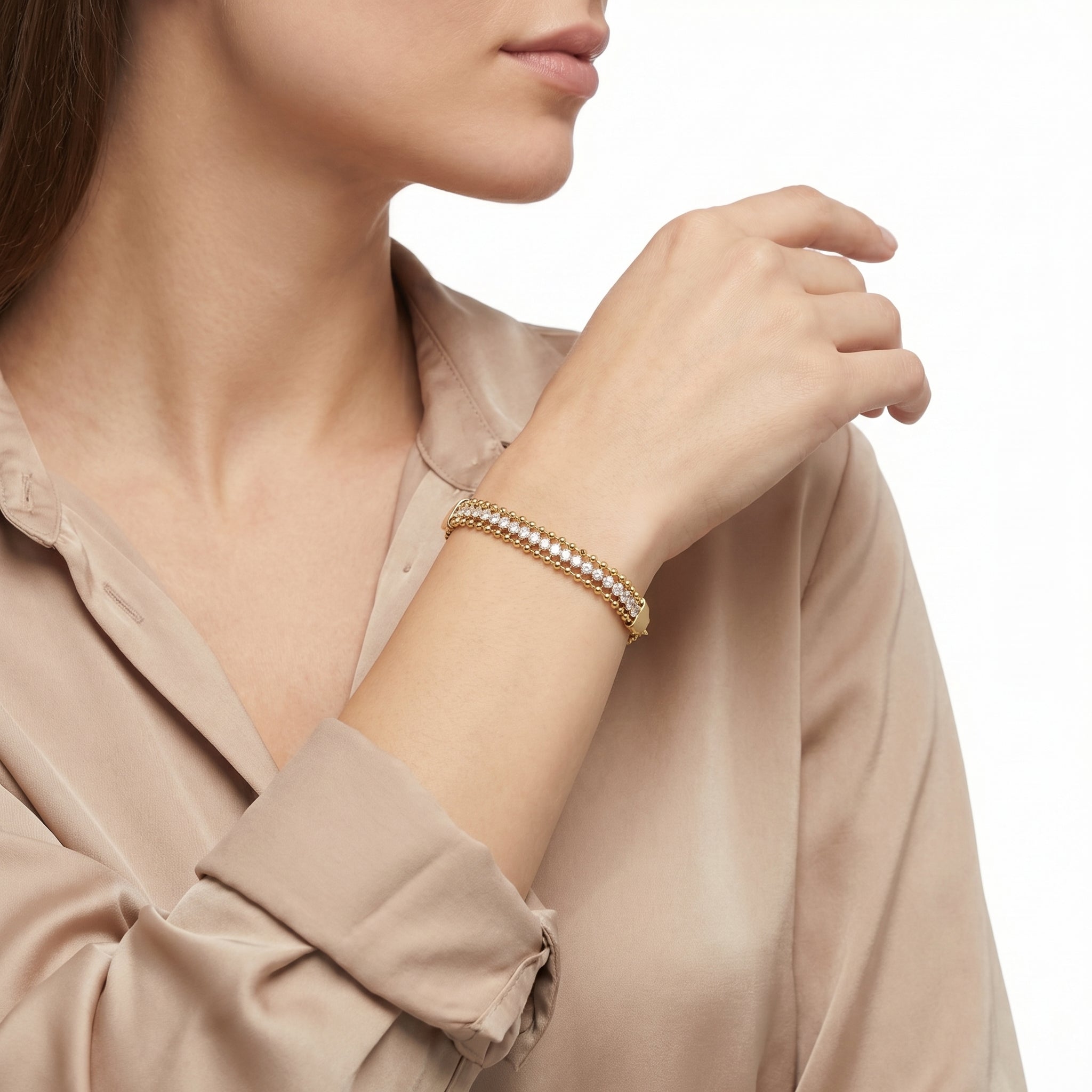Gold Bead & CZ Wide Cuff Bracelet – Luxury Fashion Jewellery