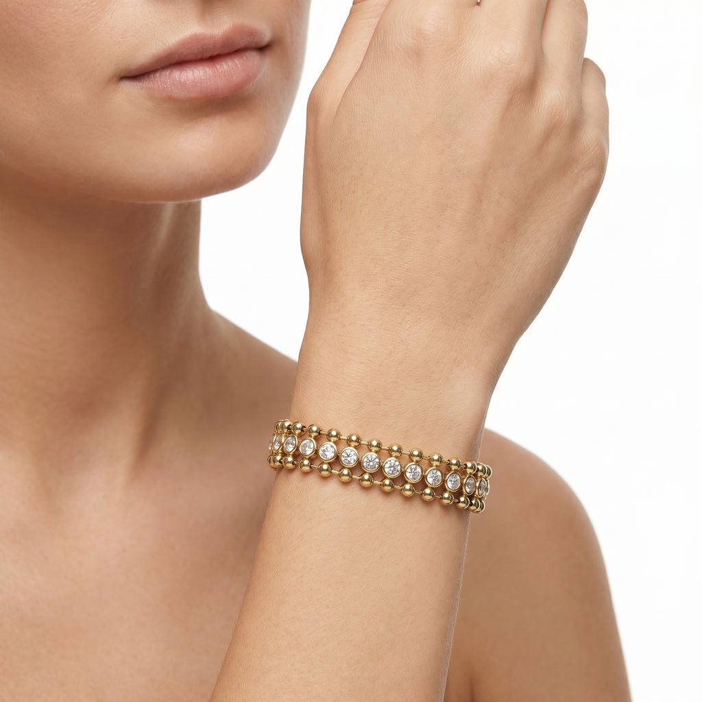 Gold Bead & CZ Wide Cuff Bracelet – Luxury Fashion Jewellery
