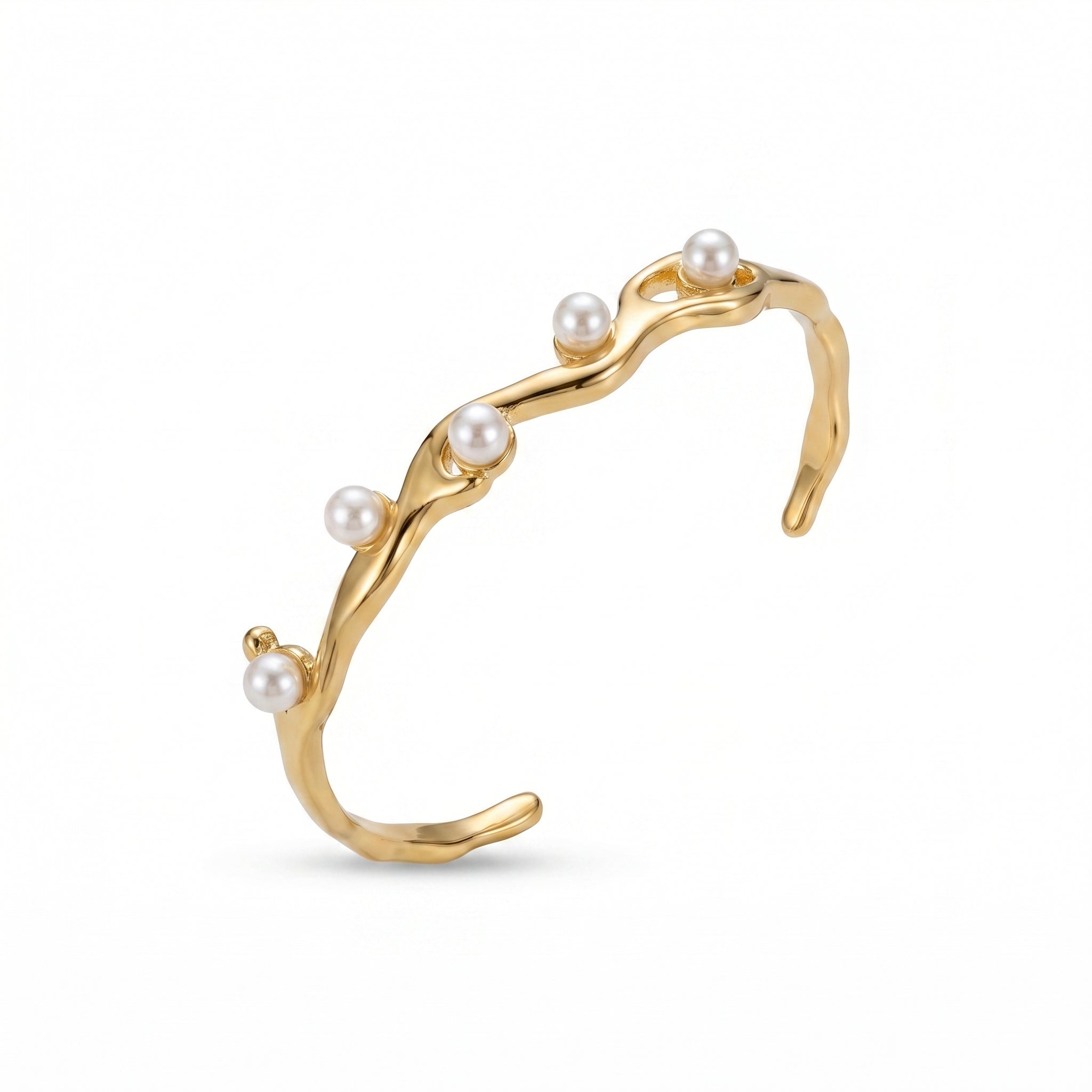Gold Wavy Pearl Bangle – Sculptural Fashion Jewellery Bracelet