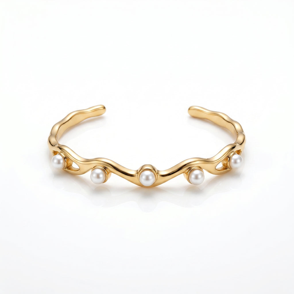 Gold Wavy Pearl Bangle – Sculptural Fashion Jewellery Bracelet