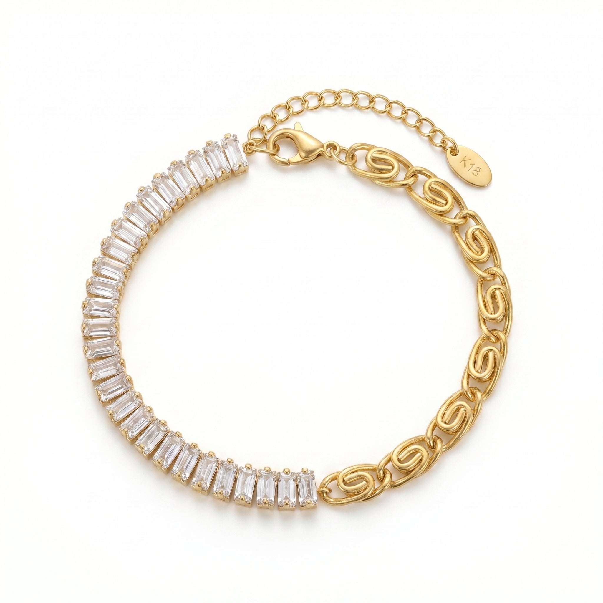 Half Baguette Half Chain Bracelet – Two-Tone Gold Fashion Bracelet