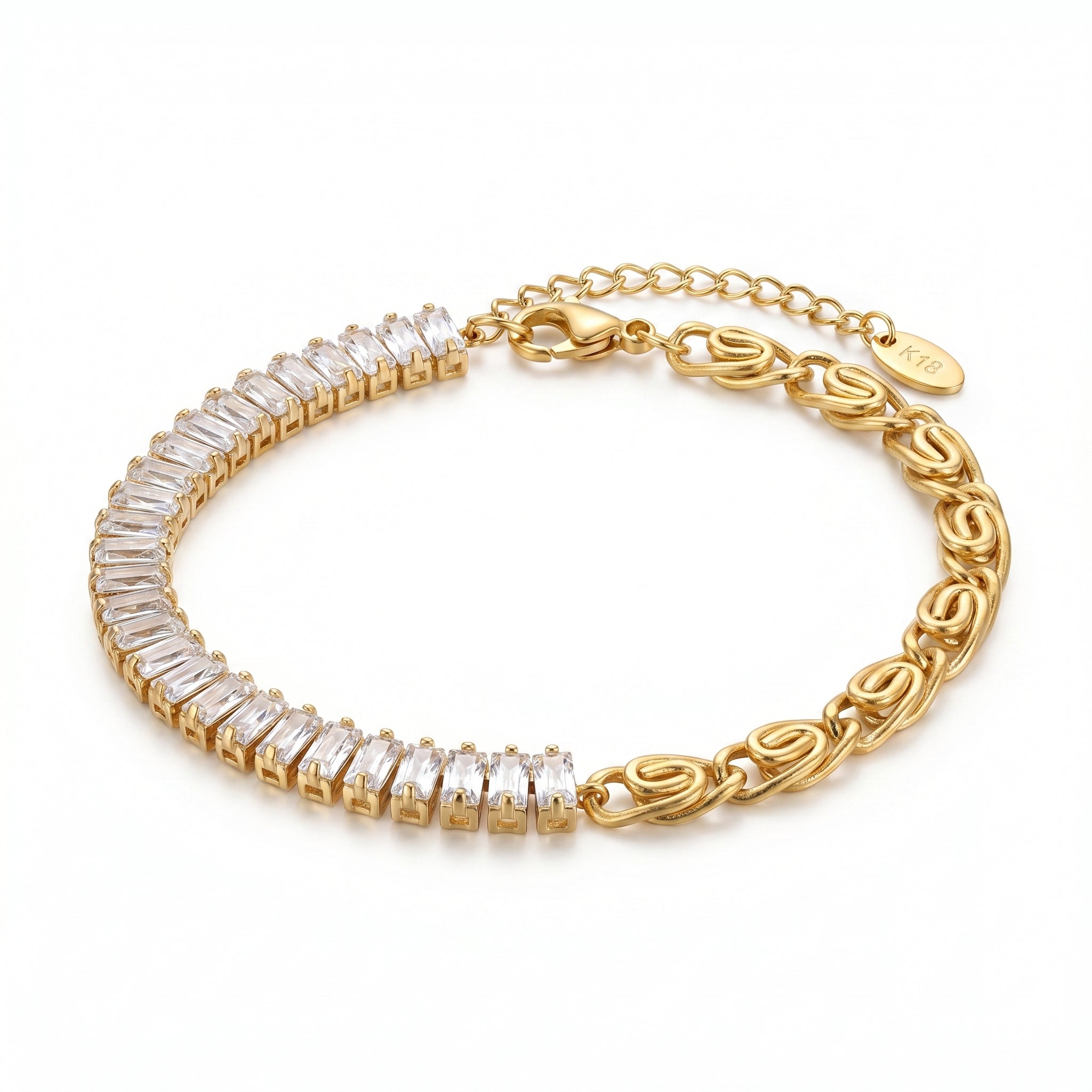 Half Baguette Half Chain Bracelet – Two-Tone Gold Fashion Bracelet