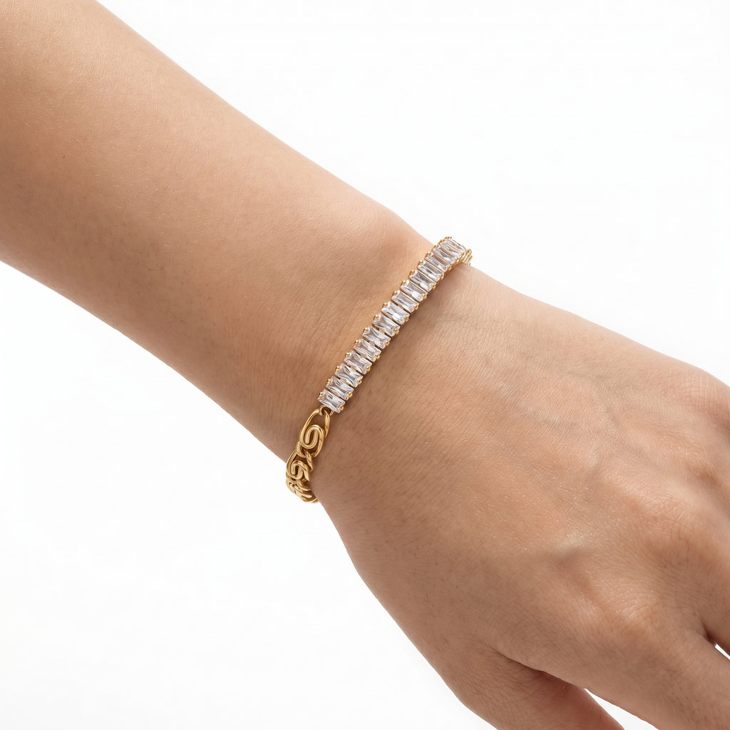 Half Baguette Half Chain Bracelet – Two-Tone Gold Fashion Bracelet