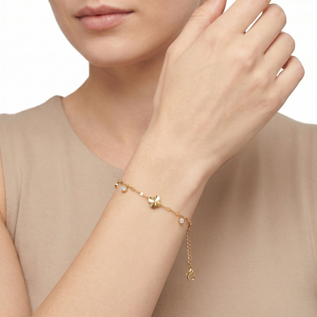 Gold Clover & CZ Station Bracelet – Lucky Charm Fashion Bracelet