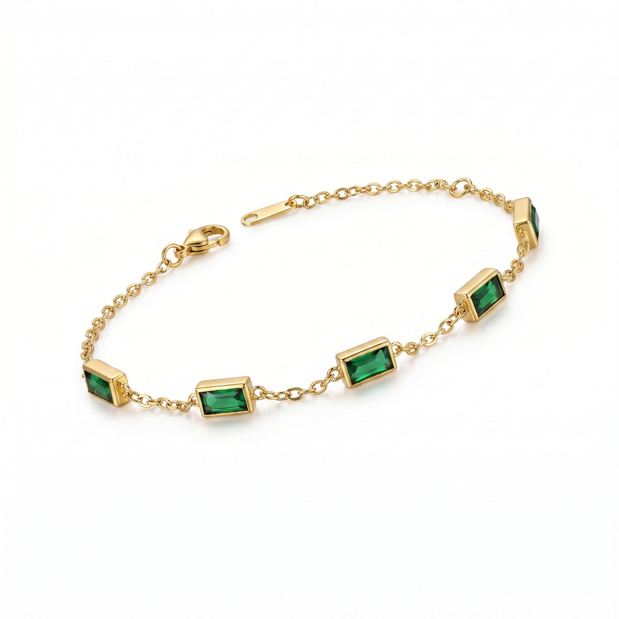 Emerald Green Baguette Station Bracelet – Gold Fashion Jewellery