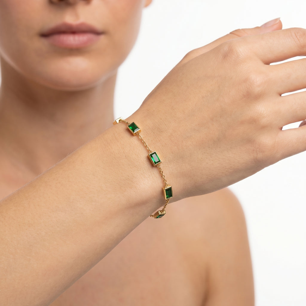 Emerald Green Baguette Station Bracelet – Gold Fashion Jewellery