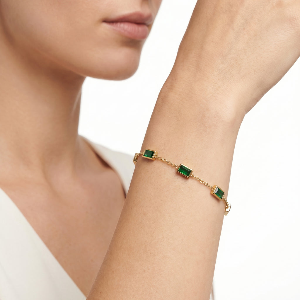 Emerald Green Baguette Station Bracelet – Gold Fashion Jewellery