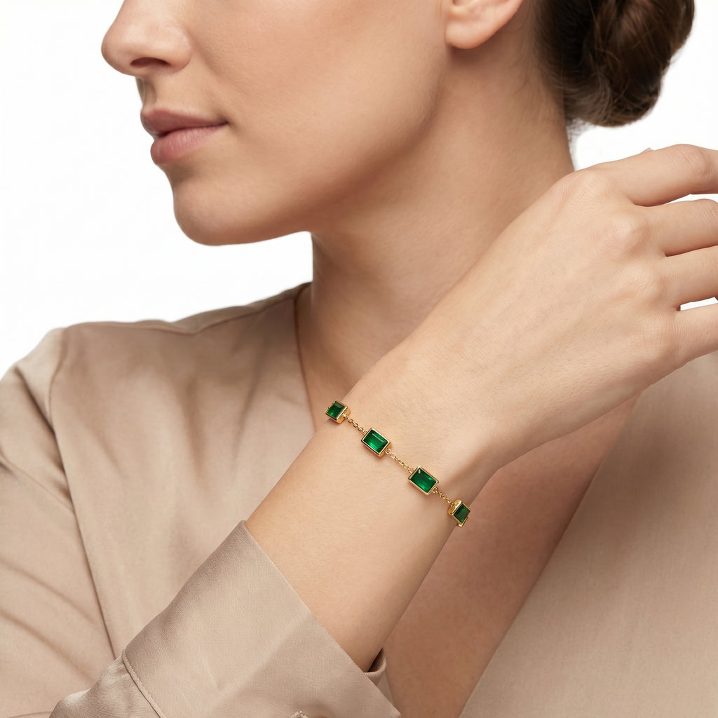 Emerald Green Baguette Station Bracelet – Gold Fashion Jewellery