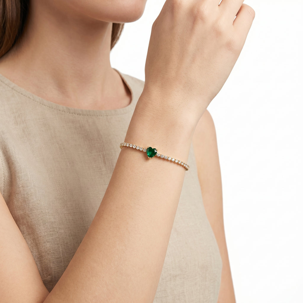 Emerald Heart CZ Bangle – Gold Flexible Fashion Bracelet