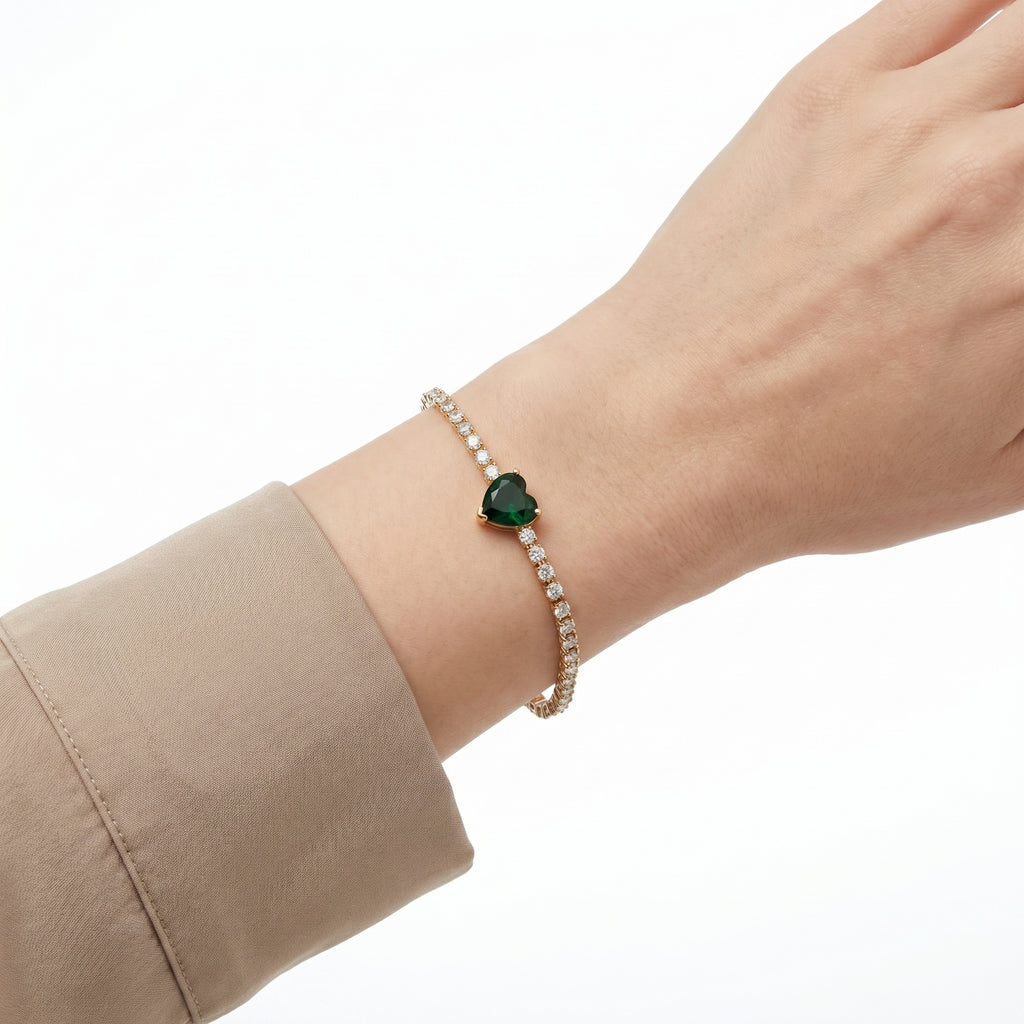 Emerald Heart CZ Bangle – Gold Flexible Fashion Bracelet