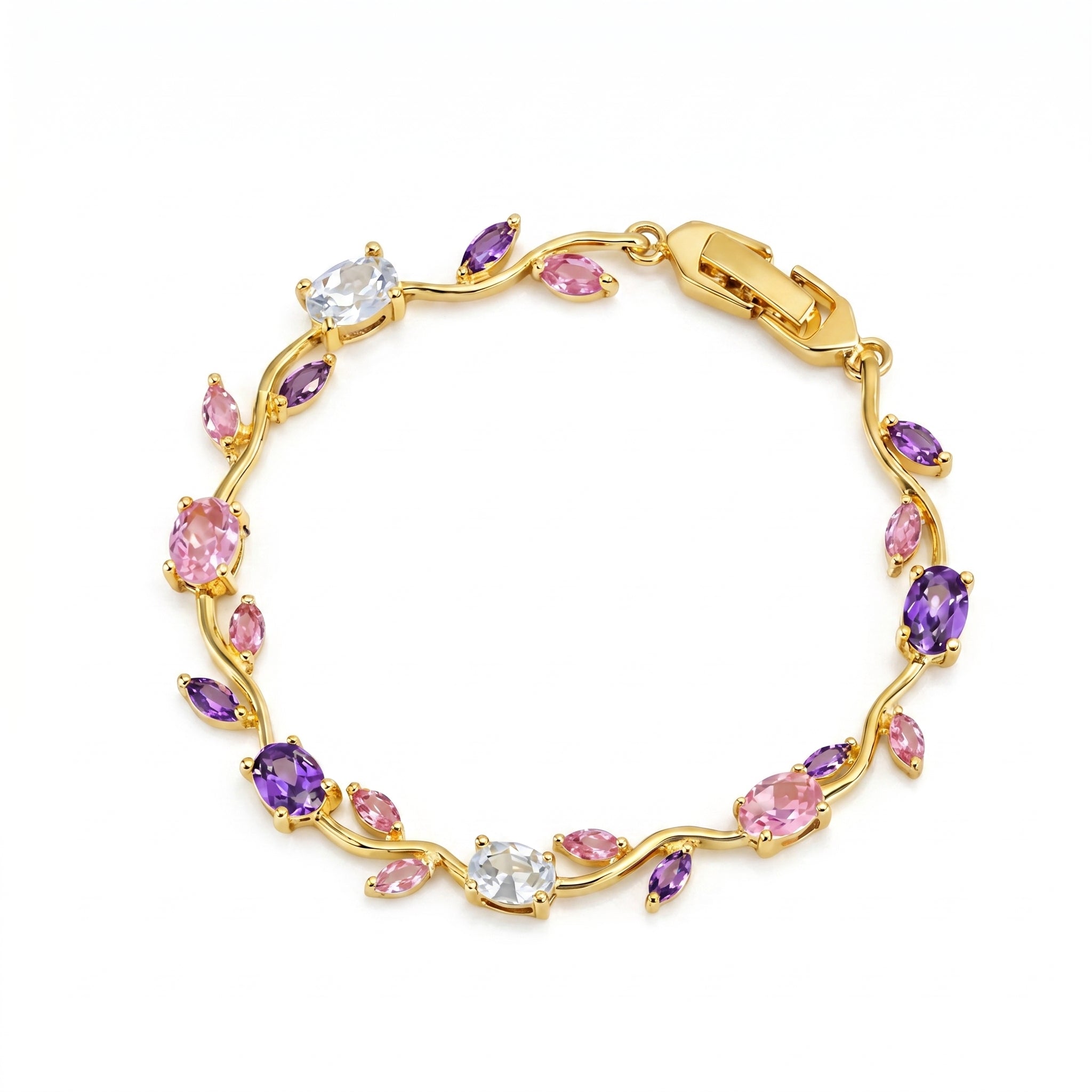 Tulip Bracelet with Multicolour Gemstones, Pink, Purple & Clear Oval Marquise Crystals