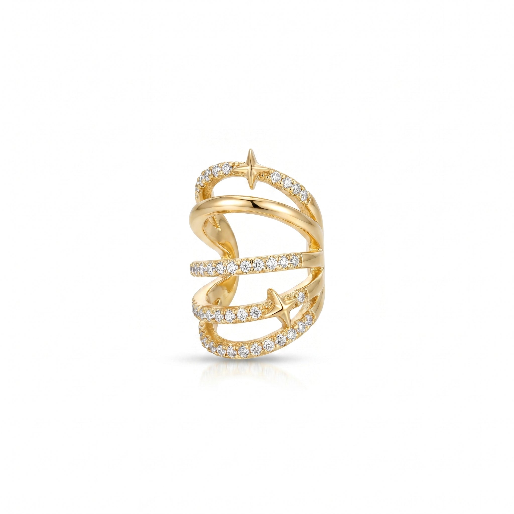Triple Band CZ Star Earrcuff – Gold Open Fashion Statement Earrcuff
