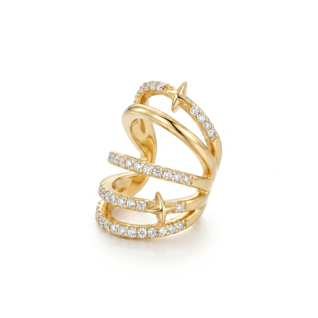 Triple Band CZ Star Earrcuff – Gold Open Fashion Statement Earrcuff
