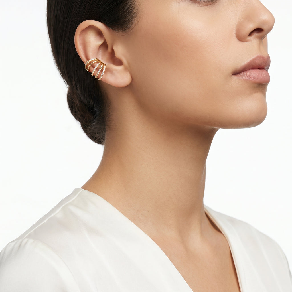 Triple Band CZ Star Earrcuff – Gold Open Fashion Statement Earrcuff