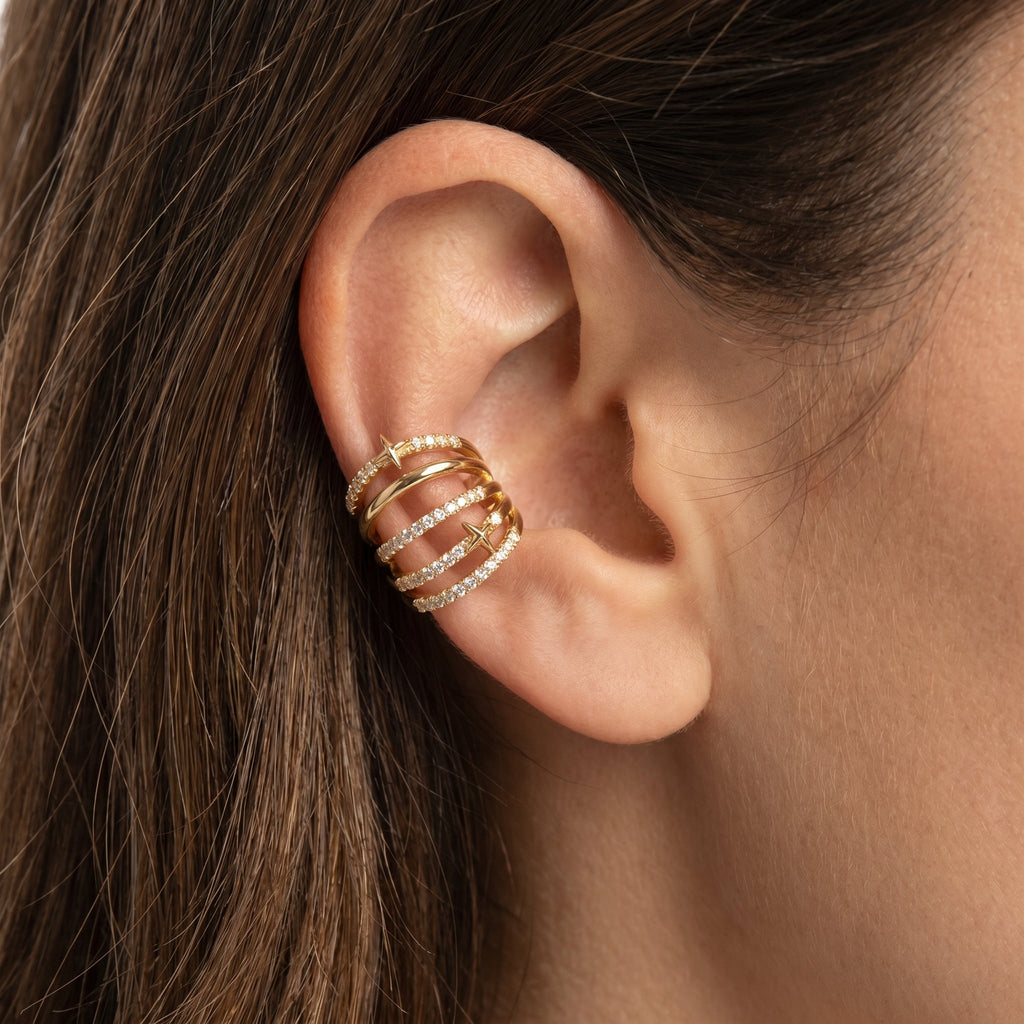 Triple Band CZ Star Earrcuff – Gold Open Fashion Statement Earrcuff