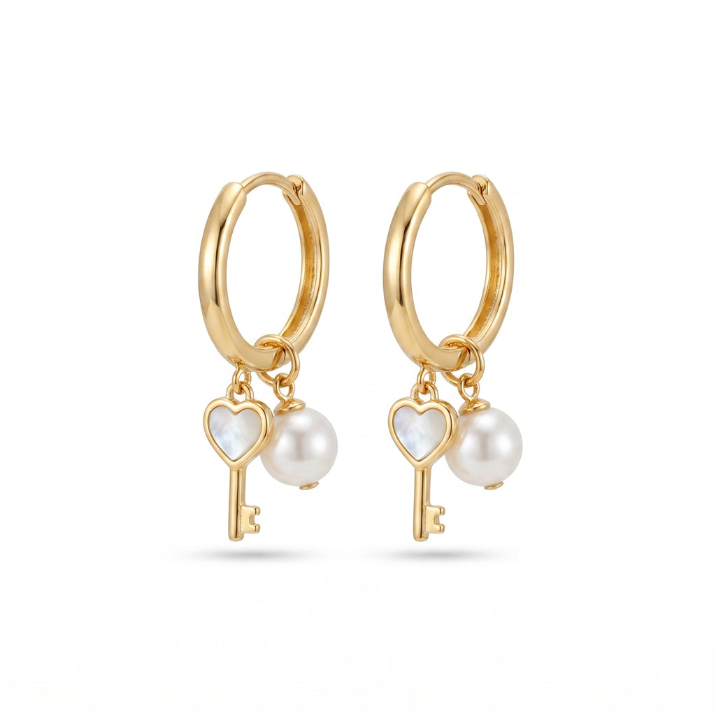 Heart Key & Pearl Charm Huggie Earrings – Gold Fashion Jewellery