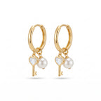 Heart Key & Pearl Charm Huggie Earrings – Gold Fashion Jewellery