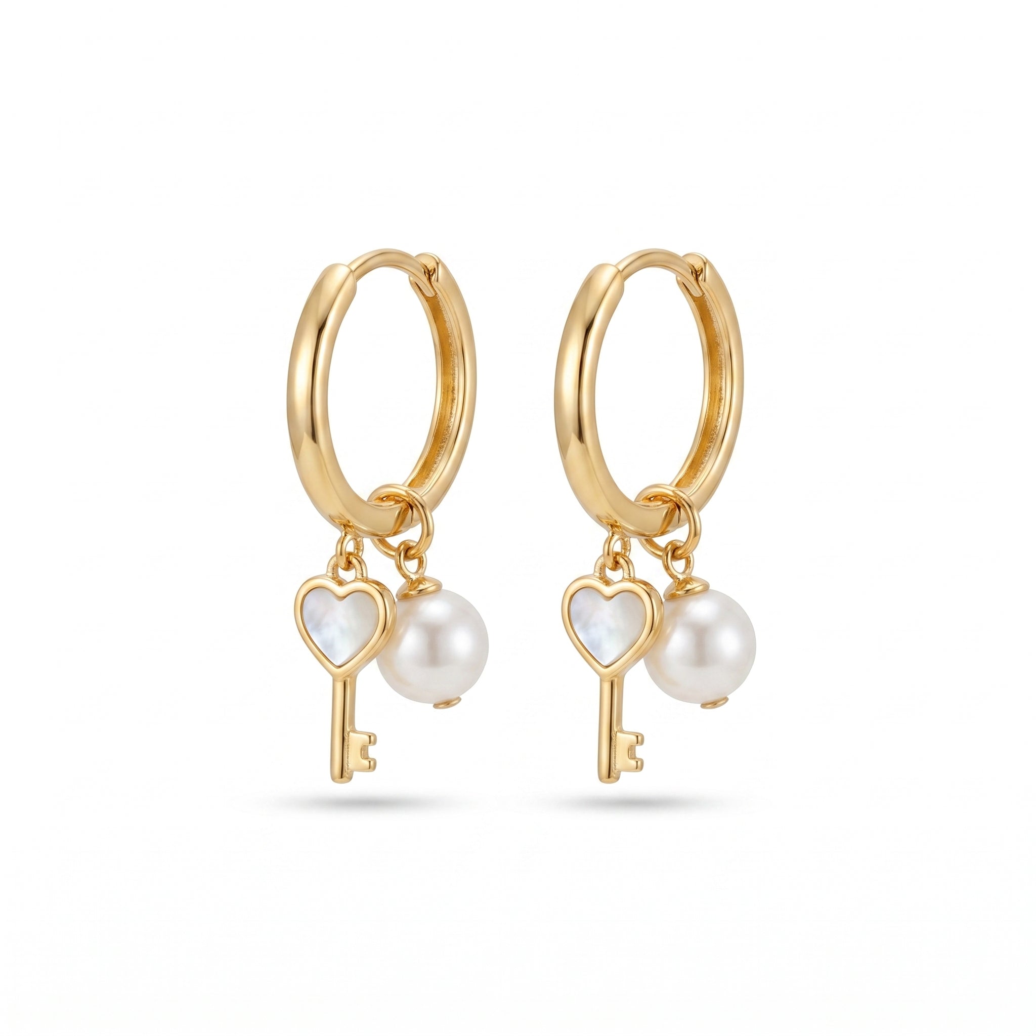 Heart Key & Pearl Charm Huggie Earrings – Gold Fashion Jewellery