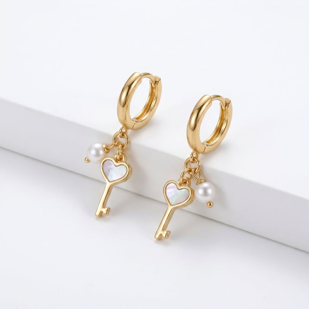 Heart Key & Pearl Charm Huggie Earrings – Gold Fashion Jewellery