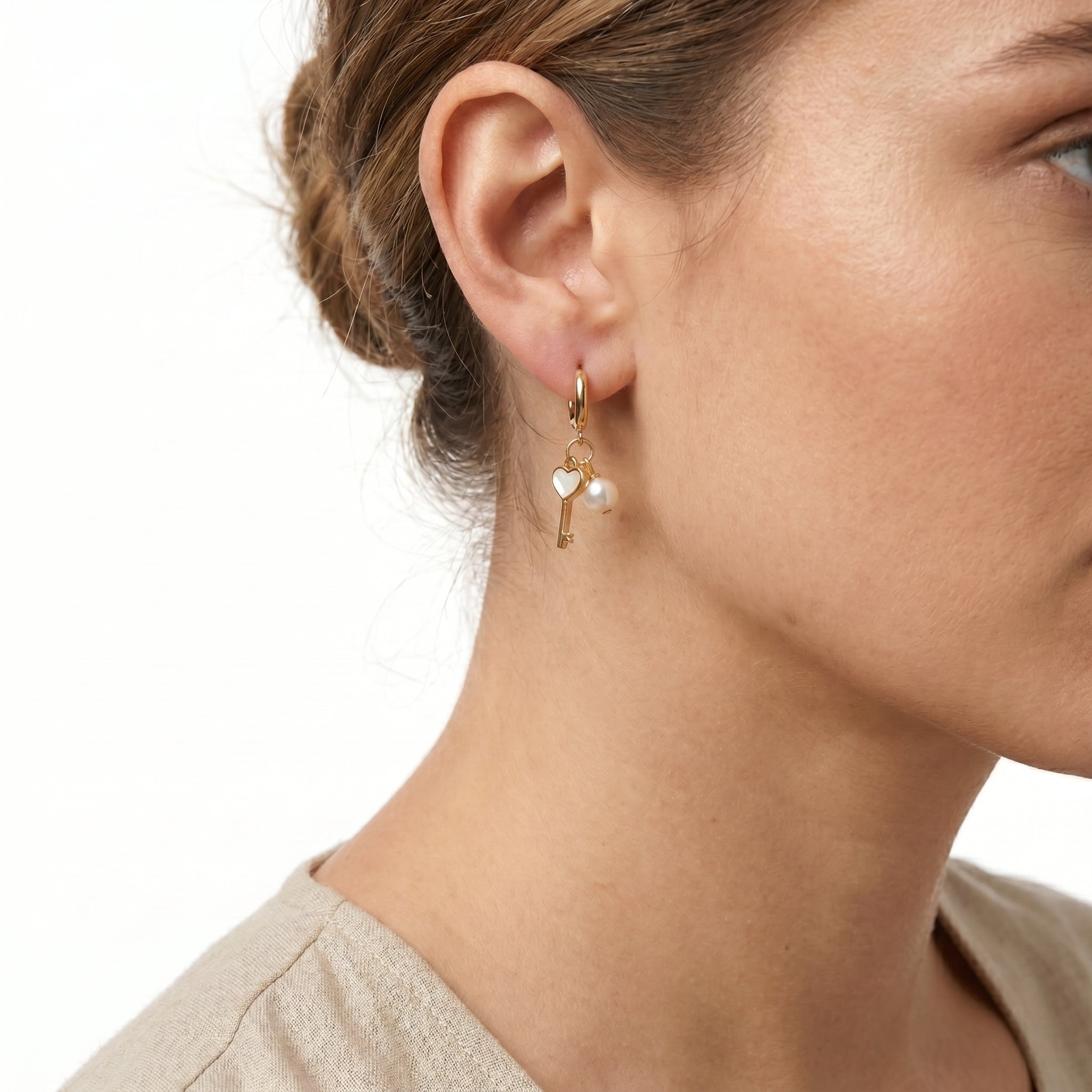 Heart Key & Pearl Charm Huggie Earrings – Gold Fashion Jewellery