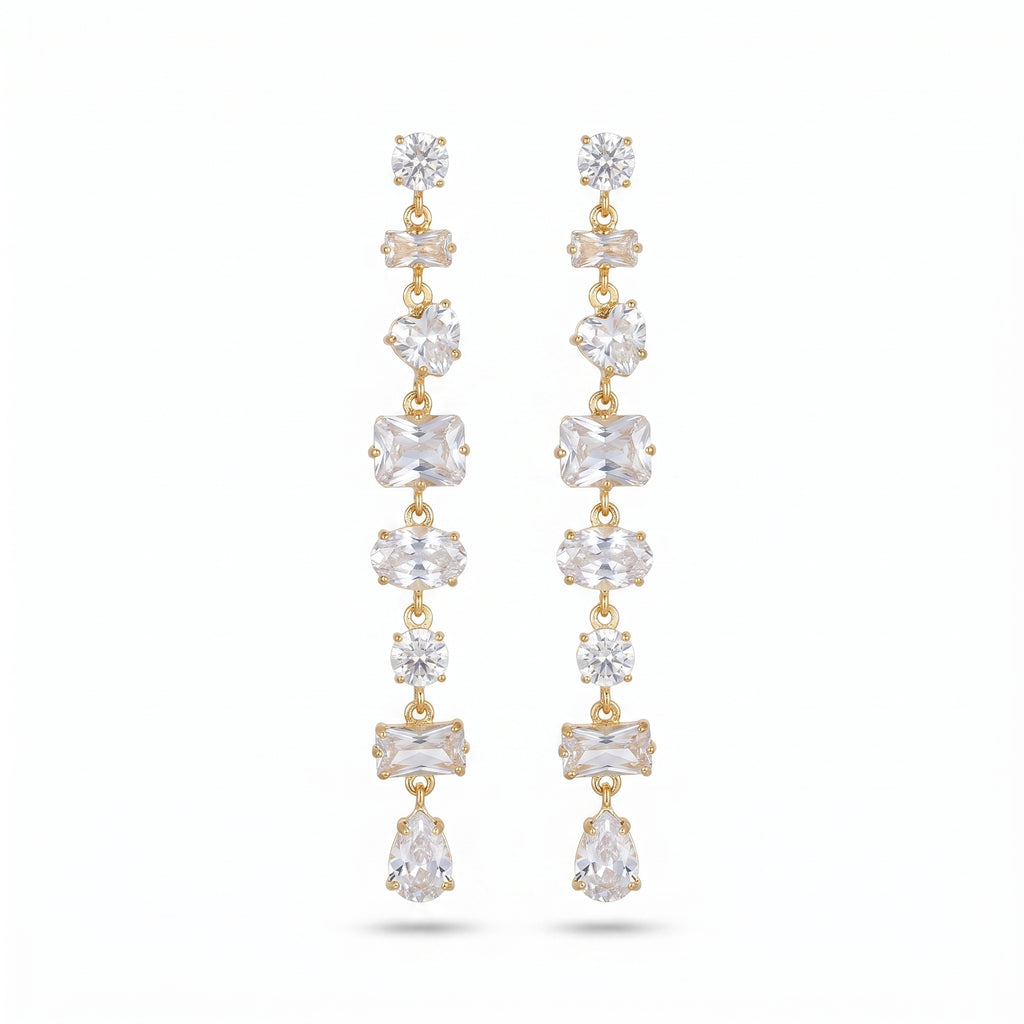 Multi-Shape CZ Long Drop Earrings – Gold Bridal Fashion Earrings