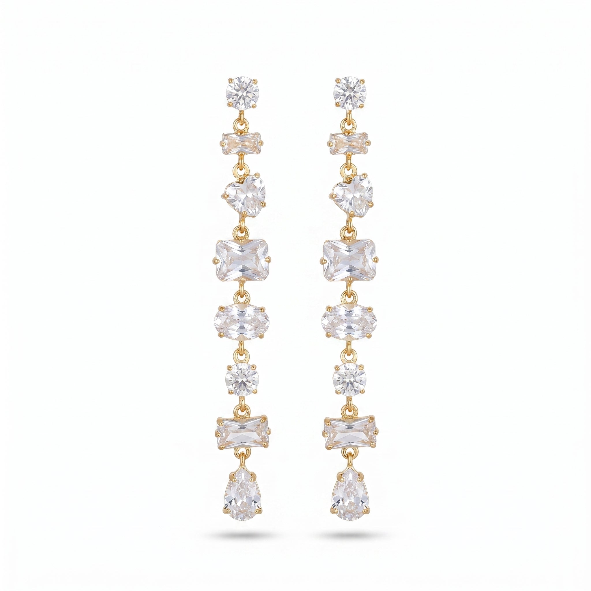 Multi-Shape CZ Long Drop Earrings – Gold Bridal Fashion Earrings