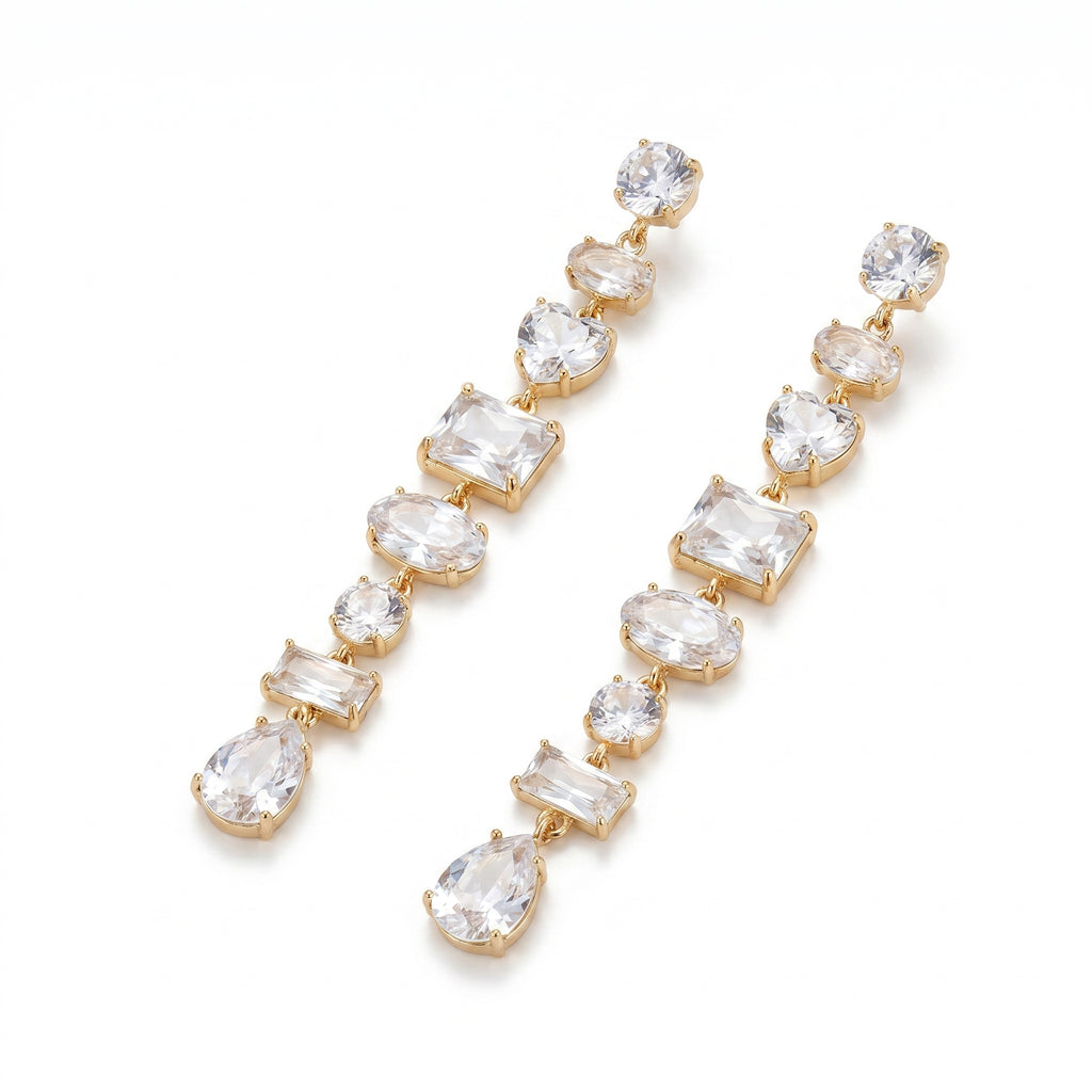 Multi-Shape CZ Long Drop Earrings – Gold Bridal Fashion Earrings