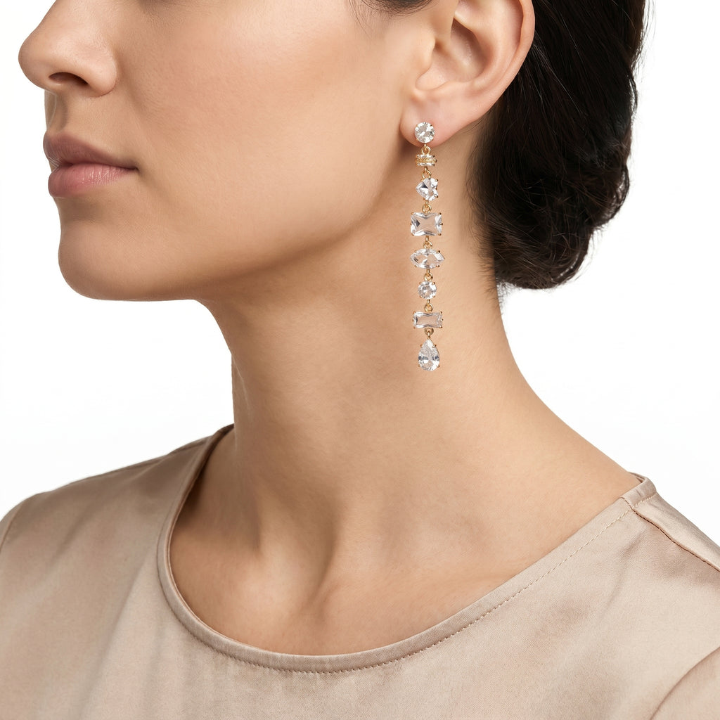 Multi-Shape CZ Long Drop Earrings – Gold Bridal Fashion Earrings