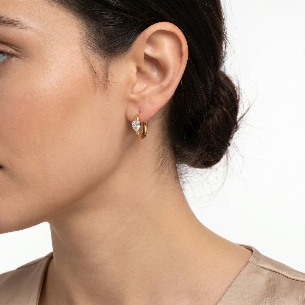 Pear CZ Huggie Earring – Gold Single Hoop Fashion Jewellery