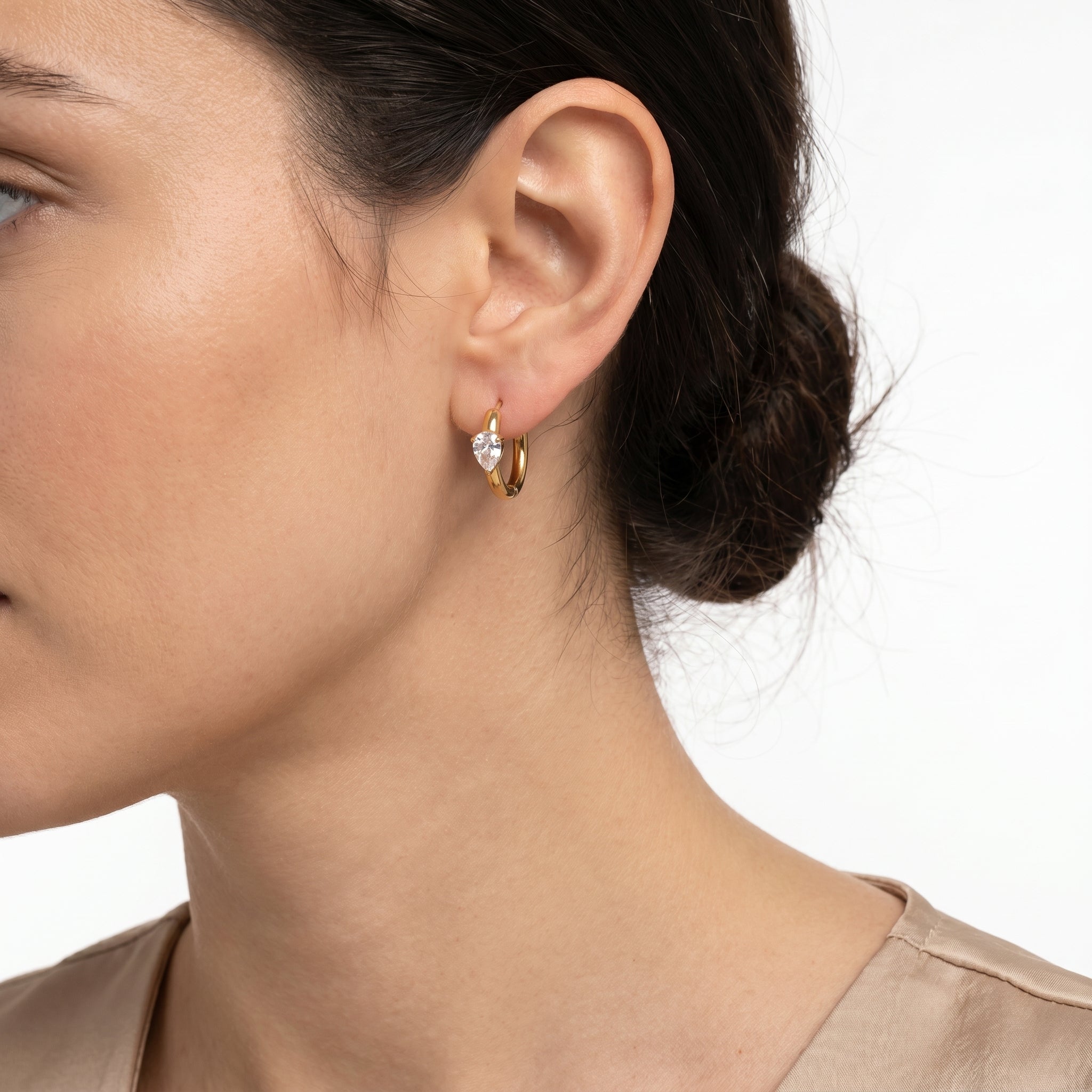 Pear CZ Huggie Earring – Gold Single Hoop Fashion Jewellery