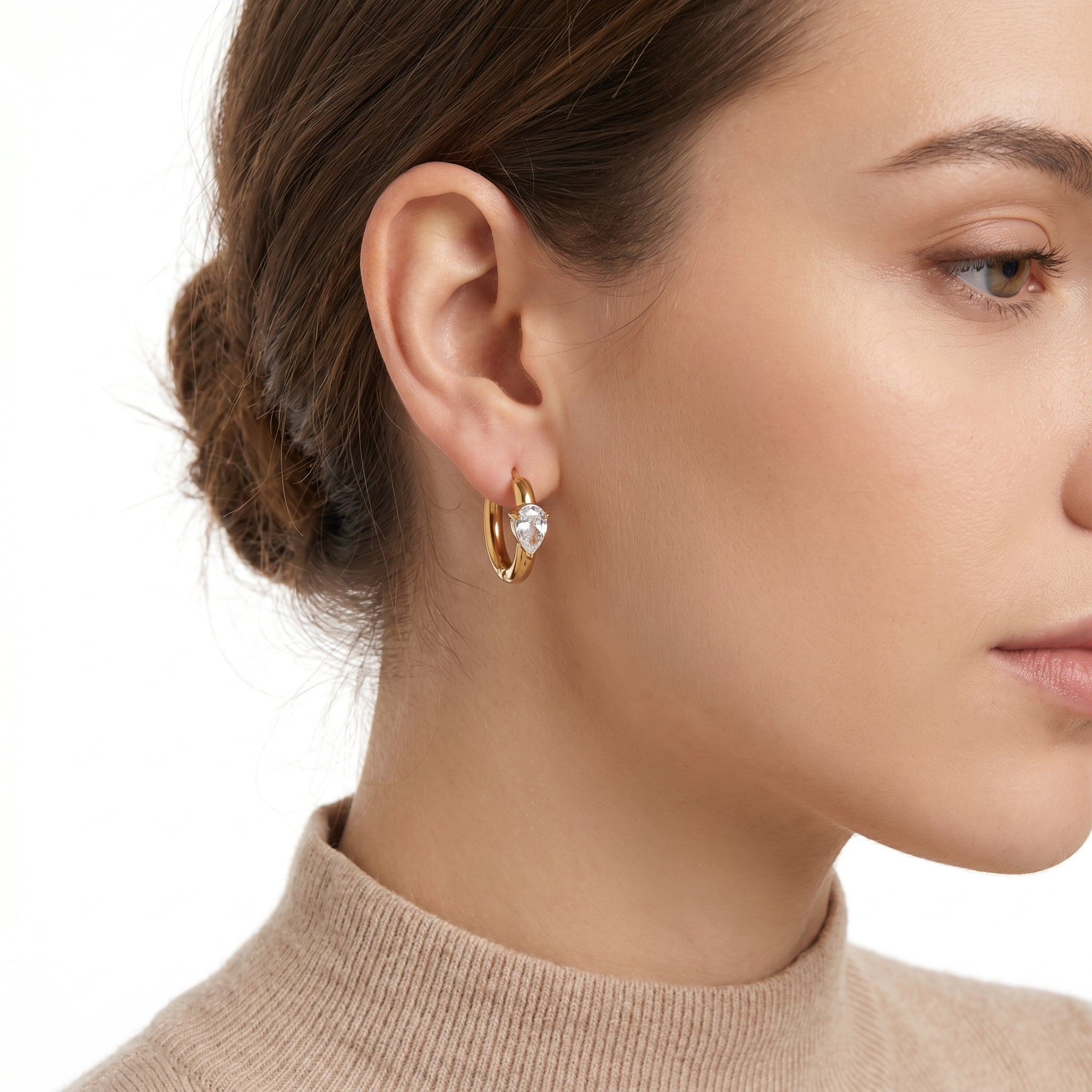 Pear CZ Huggie Earring – Gold Single Hoop Fashion Jewellery