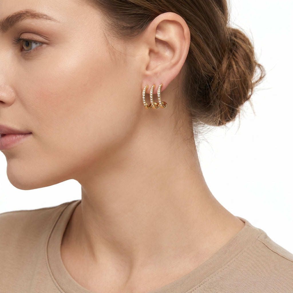 Triple Row CZ Ear Cuff Earrings – Gold Pavé Fashion Jewellery