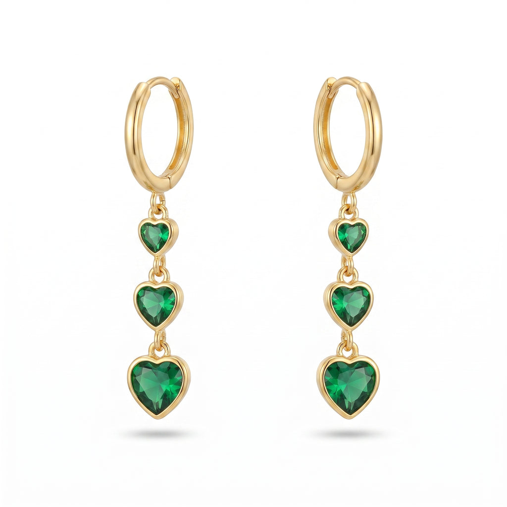 Triple Emerald Heart Drop Earrings – Gold Huggie Fashion Earrings