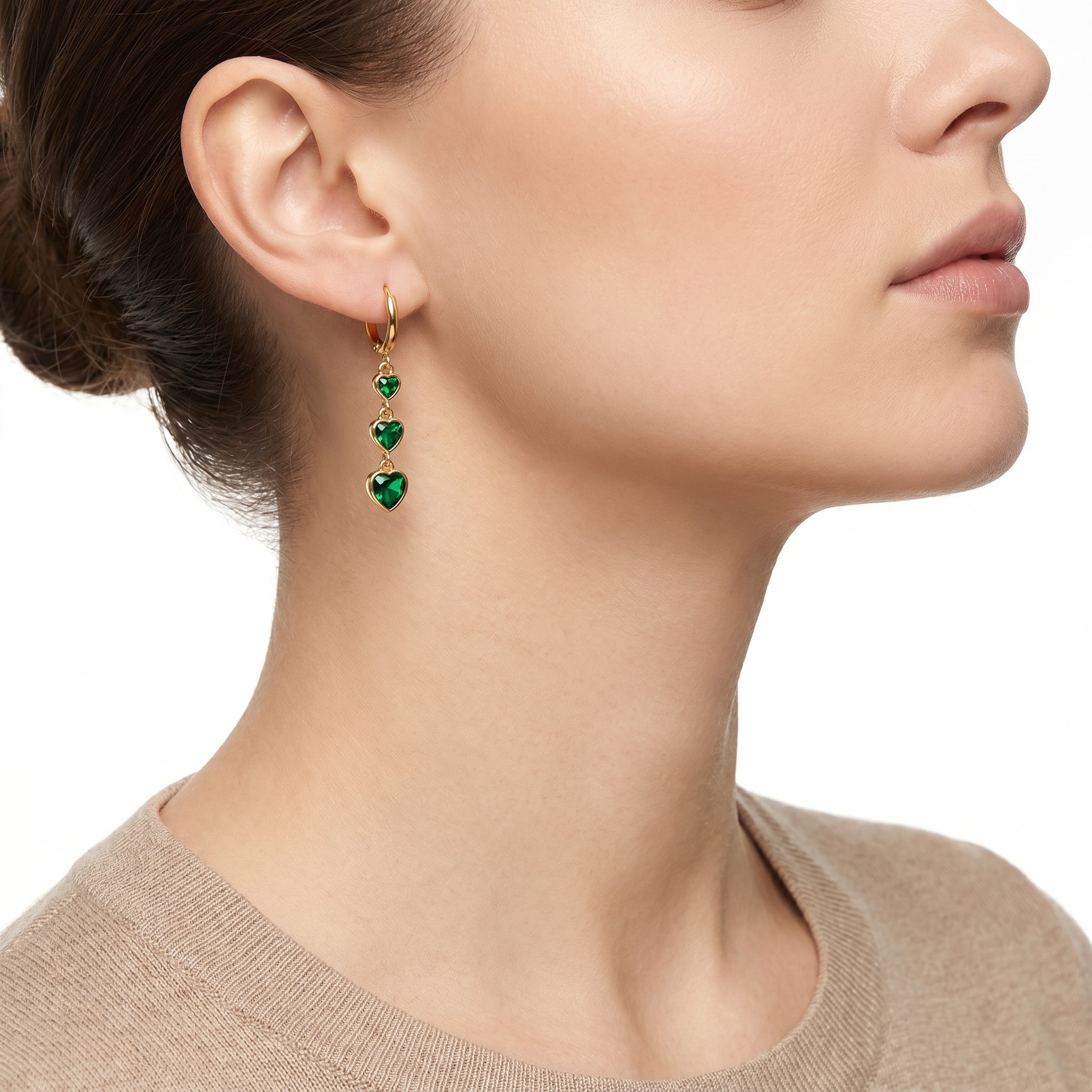 Triple Emerald Heart Drop Earrings – Gold Huggie Fashion Earrings