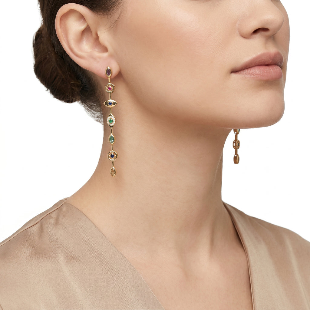 Multicolour Chakra Long Drop Earrings – Boho Gold Fashion Earrings