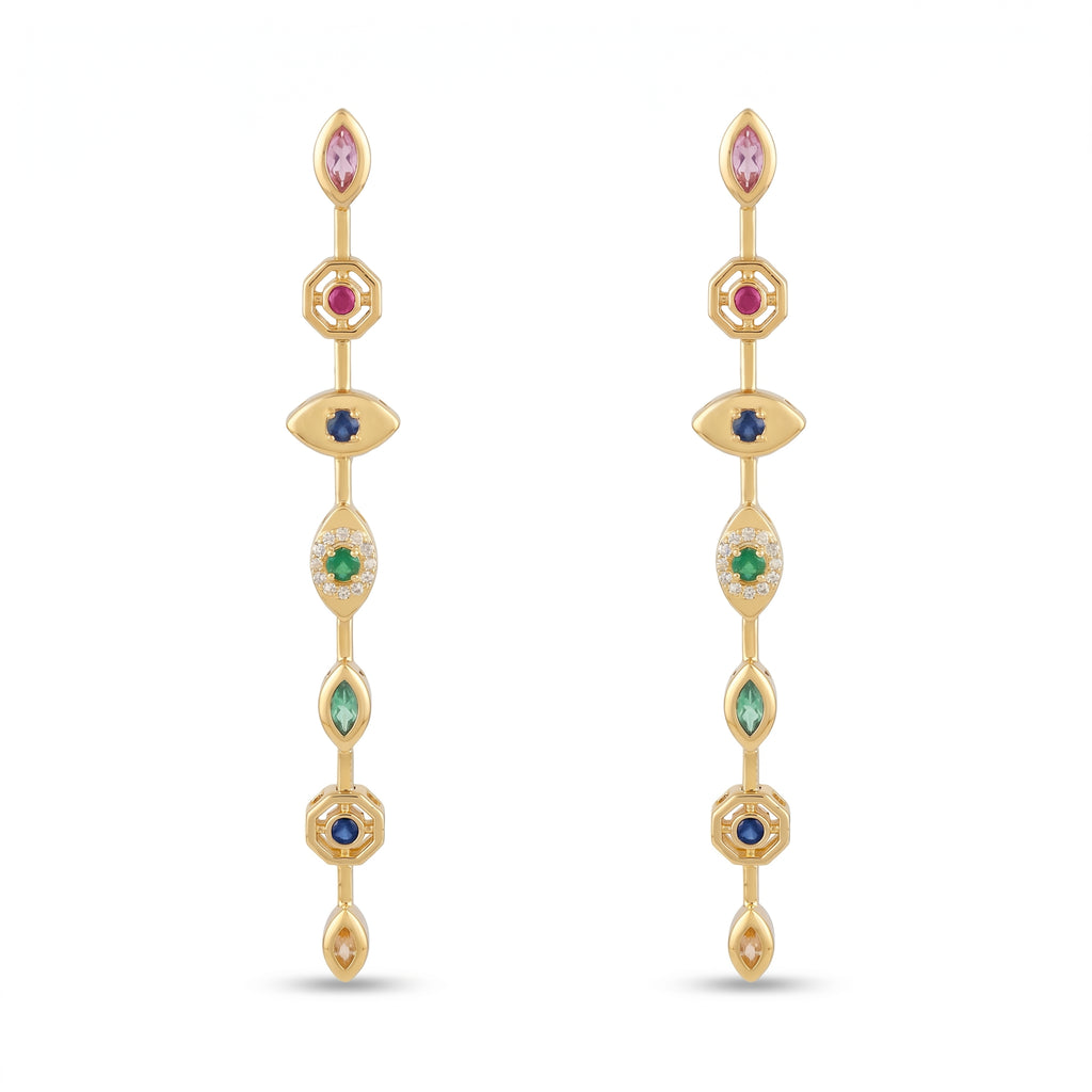 Multicolour Chakra Long Drop Earrings – Boho Gold Fashion Earrings