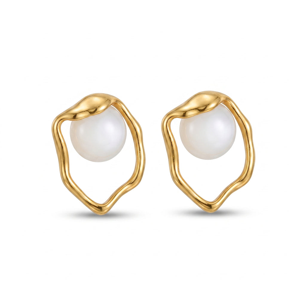 Organic Pearl Frame Stud Earrings – Gold Sculptural Fashion Jewellery