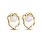 Organic Pearl Frame Stud Earrings – Gold Sculptural Fashion Jewellery