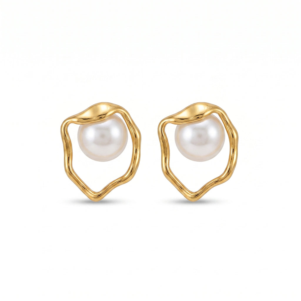 Organic Pearl Frame Stud Earrings – Gold Sculptural Fashion Jewellery