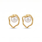 Organic Pearl Frame Stud Earrings – Gold Sculptural Fashion Jewellery
