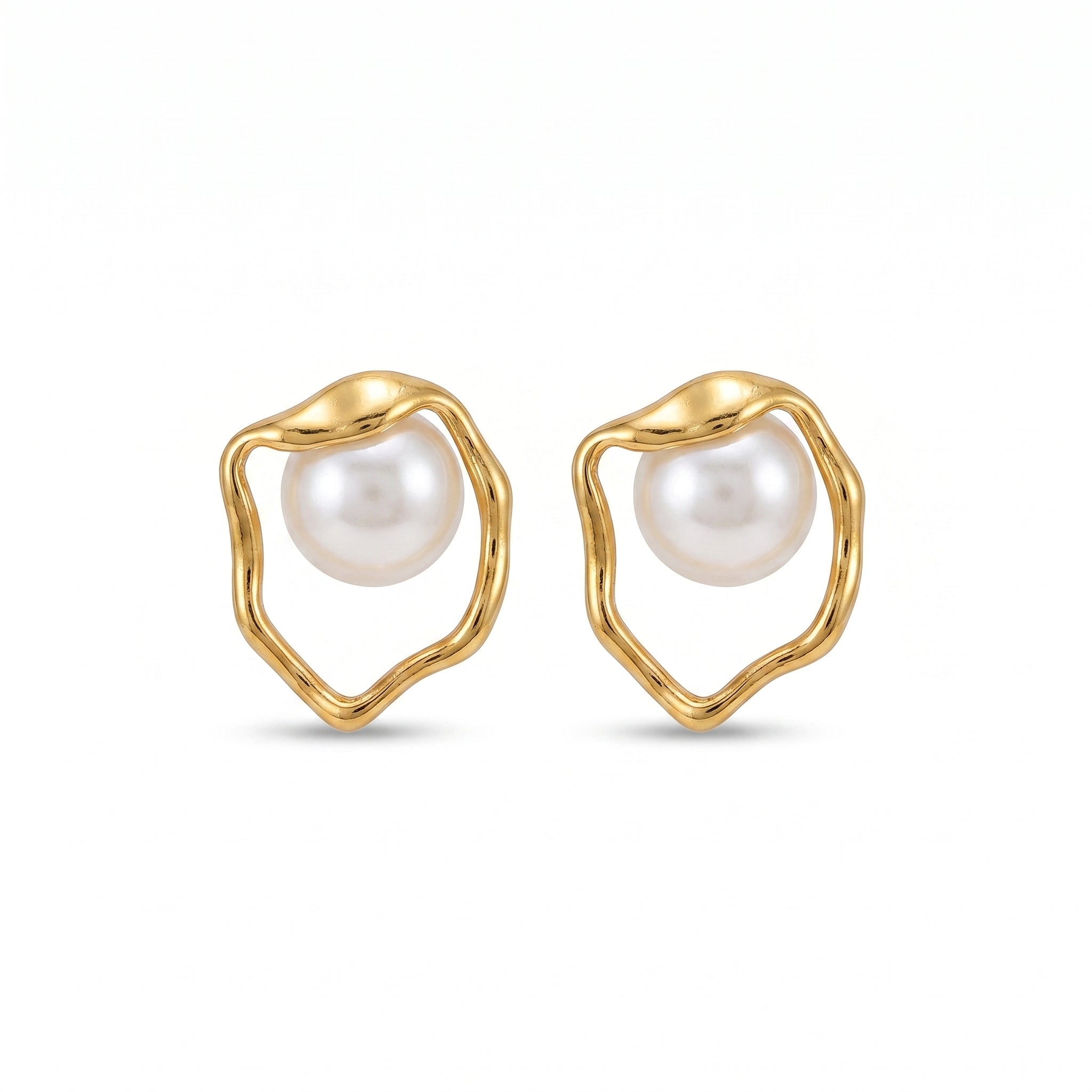 Organic Pearl Frame Stud Earrings – Gold Sculptural Fashion Jewellery