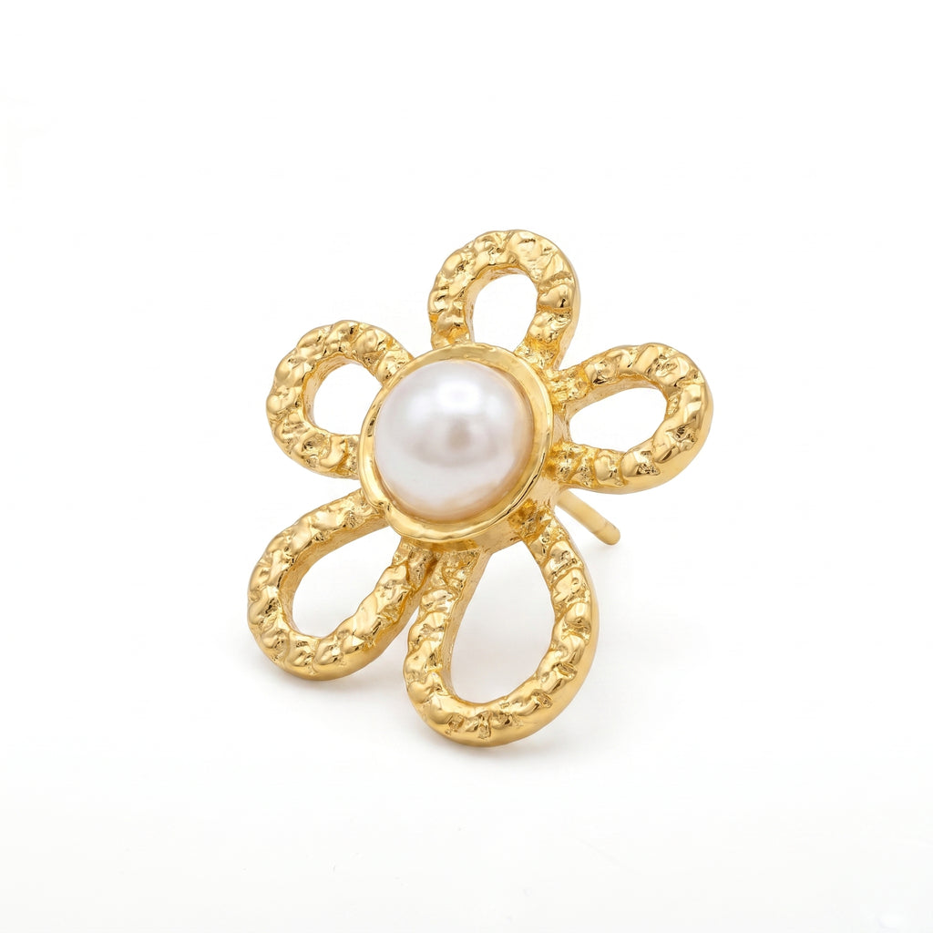 Pearl Centre Flower Stud Earring – Gold Textured Floral Fashion Jewellery