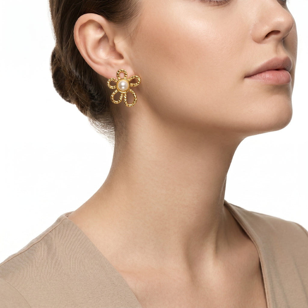 Pearl Centre Flower Stud Earring – Gold Textured Floral Fashion Jewellery