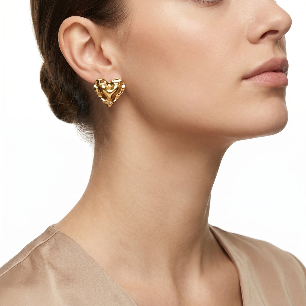 Molten Heart Stud Earrings – Gold Chunky Fashion Jewellery