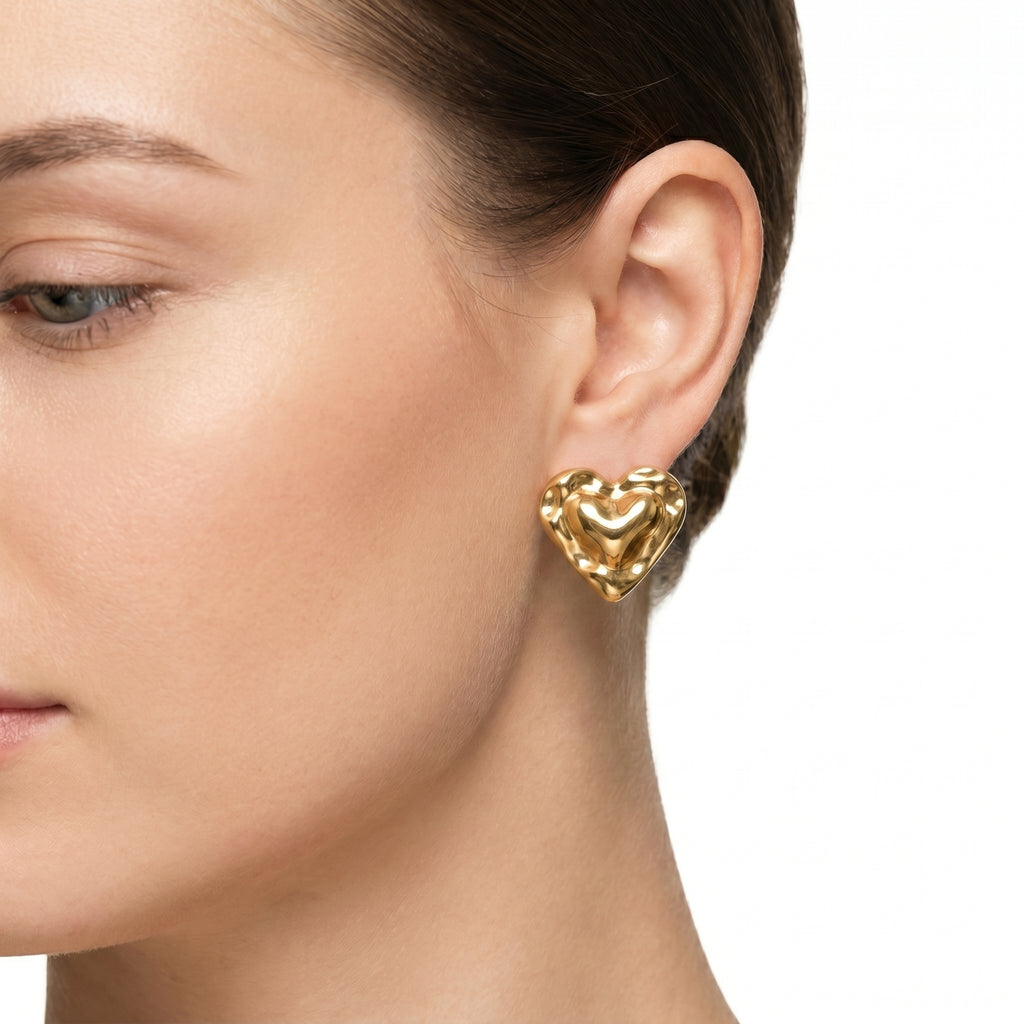 Molten Heart Stud Earrings – Gold Chunky Fashion Jewellery